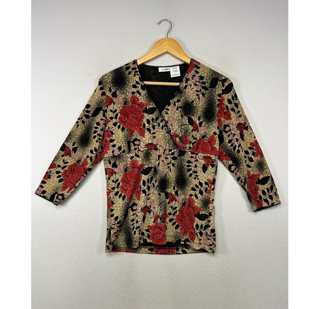 Whimsigoth East 5th Women Medium Gold Red Floral Metallic Faux Wrap Blouse Top‎